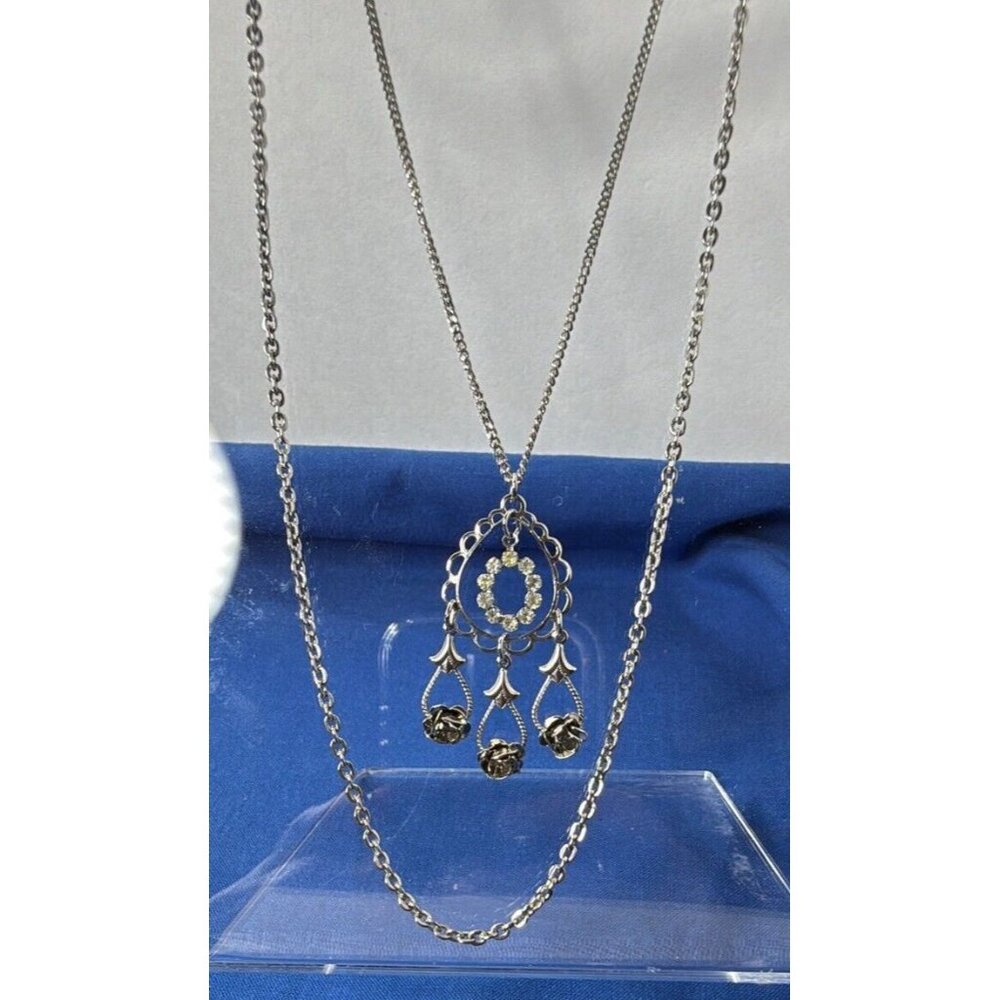 Silver Layered Double Chain Rhinestone Roses Victorian Romantic Necklace 17" - Picture 6 of 10